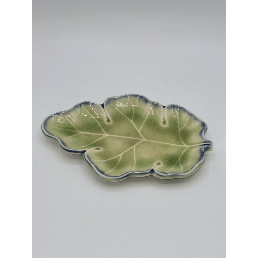 Vintage Fig Leaf Ceramic Trinket Dish Green Blue Majolica Style Vanity Catchall
